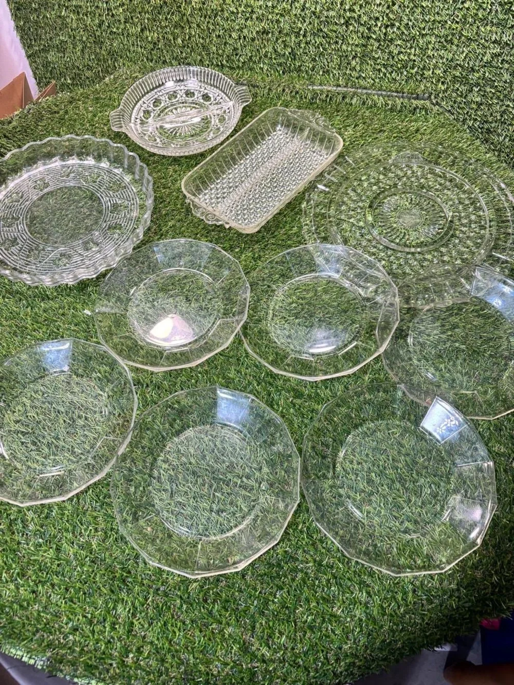 Vintage Clear Glass Serving Lot 10 Pc Plates Relish Tray Pie Plate Bubble USA